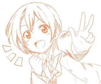 1girl :d blush bow bowtie buttons chocobo_(gold_chocobo) clenched_hand collared_shirt commentary commentary_request double-parted_bangs english_commentary foreshortening greyscale hoshizora_rin jacket long_sleeves looking_at_viewer love_live! mixed-language_commentary monochrome notice_lines open_mouth shirt short_hair sketch smile solo upper_body w