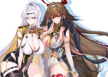 2girls bare_shoulders blush breasts brown_hair china_dress chinese_clothes cleavage dress highres large_breasts long_hair looking_at_viewer multiple_girls obiwan red_eyes smile weisuoxin white_hair ye_shunguang yellow_eyes yin_yang_pin yixuan_(zenless_zone_zero) zenless_zone_zero