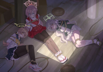 3girls absurdres arms_behind_back bdsm black_pantyhose black_sandals blonde_hair blue_archive blue_eyes bondage bound bound_ankles bound_arms bound_legs bound_torso bound_wrists bow bowtie box_tie braid breasts brown_pantyhose cloth_gag commentary commission diagonal-striped_bow english_commentary flower_halo gag gagged green_bow green_bowtie green_halo green_jacket grey_skirt hair_bow hair_bun hair_ribbon hakama hakama_short_skirt hakama_skirt halo hifumi_(blue_archive) highres improvised_gag jacket japanese_clothes kneehighs large_breasts long_hair low_twintails mary_janes mimori_(blue_archive) miniskirt miyo_(blue_archive) multiple_girls pantyhose pink_hair pink_halo pixiv_commission red_hakama restrained ribbon ribbon_braid rope sailor_collar sandals school_uniform shibari shibari_over_clothes shoes single_side_bun skirt small_breasts socks striped_bow tabi thighband_pantyhose twintails vakaosciosa white_bow white_socks wild_hunt_academy_of_arts_logo yellow_bow yellow_bowtie yellow_eyes yellow_halo