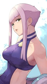 1girl absurdres blue_unitard breasts clothing_cutout commentary_request fcgc_(friedalwaysgood) green_eyes highres looking_at_viewer manon_legrand medium_breasts parted_lips pink_hair short_hair_with_long_locks side_cutout sidelocks solo street_fighter street_fighter_6 upper_body