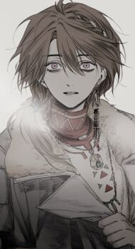 Rule 34 | 1boy, brown hair, coat, earrings, grey coat, gyujik qzc, hair between eyes, hand up, highres, jewelry, male focus, name day (reverse:1999), necklace, parted lips, purple eyes, reverse:1999, shirt, short hair, single earring, solo, tooth earrings, upper body, white background, white shirt