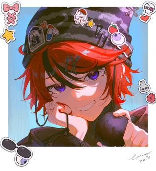 1boy absurdres animalization aotsuki_eito black_shirt black_streaks blue_eyes bow box_galaxy cat character_sticker cheek_squash chinese_commentary commentary_request dated eyeball eyepatch grin hat heart heart_print highres holding holding_pom_poms looking_at_viewer male_focus multicolored_hair nigou_(hundred_line) photo_(object) pill pink_bow pom_pom_(cheerleading) pom_pom_(clothes) pom_poms portrait print_eyepatch rabbit red_hair shirt short_hair signature sirei_(hundred_line) skull smile solo star_(symbol) sticker streaked_hair striped_clothes striped_headwear sumino_takumi sunglasses the_hundred_line_-last_defense_academy- tomato two-tone_hair