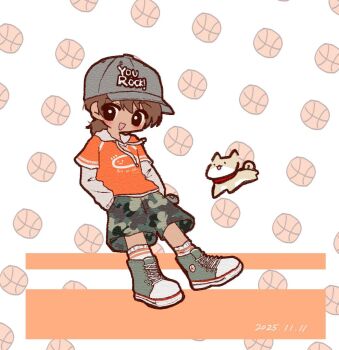 1boy baseball_cap black_eyes blush brown_hair camouflage camouflage_shorts chibi chibi_only commentary dark-skinned_male dark_skin dated dog full_body green_shoes grey_hat hair_between_eyes hands_in_pockets hat hector_(omori) hood hood_down hoodie kel_(birthday)_(omori) kel_(faraway)_(omori) kel_(omori) long_sleeves low_ponytail male_focus omori open_mouth orange_hoodie ponytail shoes short_hair short_ponytail shorts smile sneakers socks solo symbol-only_commentary true_erg white_socks