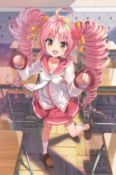 Rule 34 | 1girl, :d, ahoge, bow, brown shoes, classroom, drill hair, fang, hair bow, hair ornament, highres, indoors, loafers, looking at viewer, naox, necktie, onikko hunter tsuina-chan, open mouth, orange bow, orange eyes, pink hair, pink skirt, pointy ears, school uniform, shoes, skirt, smile, socks, solo, tsuina-chan, twin drills, voiceroid, white necktie, white socks