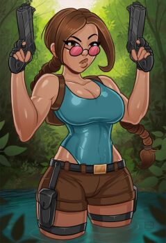 1girl braid breasts brown_eyes brown_hair curvy fingerless_gloves glasses gloves green_one-piece_swimsuit gun handgun highleg highleg_one-piece_swimsuit holding holding_weapon jungle lara_croft large_breasts lips long_braid long_hair looking_at_viewer low-tied_long_hair monosloth nature one-piece_swimsuit shiny_clothes shiny_skin short_shorts shorts single_braid solo standing sunglasses swimsuit swimsuit_under_clothes thick_thighs thighs tomb_raider water weapon