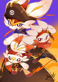 absurdres bandana bright_pupils brown_headwear cinderace cinderace_(captain) closed_mouth clothed_pokemon coat commentary_request furry gen_8_pokemon hat highres minamo_(pixiv17726065) nintendo pokemon pokemon_(creature) pokemon_unite raboot red_bandana red_eyes scorbunny smile white_pupils
