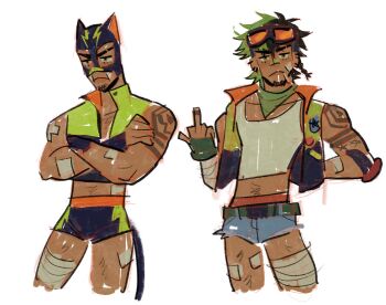 1boy :&lt; animal_ears antonio_leon_mars_(skcd_loen) arm_tattoo badge bandaged_arm bandaged_leg bandages belt black_hair black_shorts black_vest braid button_badge cat_ears cat_tail chest_hair closed_mouth commentary cropped_legs cropped_shirt crossed_arms denim denim_shorts ear_piercing elbow_pads english_commentary expressionless eyebrow_cut facial_hair fake_animal_ears fake_tail fangs fingerless_gloves gauze gauze_on_arm gauze_on_leg gloves goatee_stubble goggles goggles_on_head green_belt green_gloves green_hair green_neckerchief green_shorts green_vest hand_in_pocket highres jitome leg_hair looking_ahead looking_at_viewer male_underwear male_underwear_peek middle_finger mouth_hold mullet multicolored_hair multiple_views neckerchief open_clothes open_vest orange-tinted_eyewear original piercing red_male_underwear short_hair short_shorts shorts side_braid simple_background single_elbow_pad skcd_loen sketch split-color_hair stalk_in_mouth stomach_hair stubble tail tan tank_top tattoo tinted_eyewear two-tone_hair two-tone_shorts two-tone_vest undercut underwear vest white_background white_tank_top