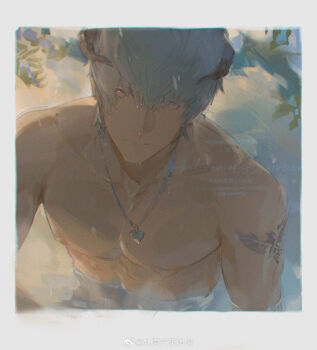 Rule 34 | 1boy, absurdres, arm tattoo, border, closed mouth, grey eyes, grey hair, hashtag-only commentary, heart, heart necklace, highres, jewelry, lee999nine, male focus, metaphor: refantazio, necklace, nipples, solo, strohl (metaphor: refantazio), tattoo, topless male, upper body, watermark, weibo username, weibo watermark, wet, wet hair, white border