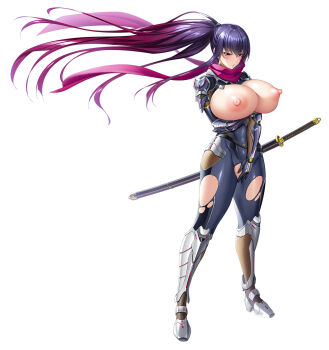 1girl akiyama_rinko aoi_nagisa_(metalder) arm_under_breasts armor blush bodysuit breasts breasts_out clothing_cutout covered_navel covering_privates full_body highres huge_breasts katana leg_armor long_hair mask ninja nipples official_art ponytail purple_hair red_eyes scarf second-party_source sheath sheathed shoulder_armor solo sword taimanin_(series) taimanin_rpgx taimanin_suit torn_bodysuit torn_clothes underboob_cutout weapon white_background wind