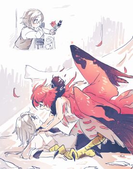 Rule 34 | 2boys, absurdres, age progression, aotsuki eito, black pants, black streaks, chinese commentary, commentary request, feathered wings, fletchling, gen 6 pokemon, glasses, grey hair, grey vest, harpy boy, highres, holding, holding pokemon, looking at another, lying, male focus, monster boy, monsterification, multicolored hair, multiple boys, nintendo, on back, pants, pinned, pokemon, pokemon (creature), red hair, shirt, short hair, simpface, streaked hair, sumino takumi, sweatdrop, talonflame, talons, the hundred line -last defense academy-, two-tone hair, vest, white shirt, wings