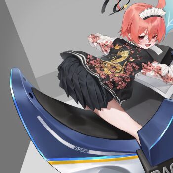 1girl ahoge arcade_cabinet ass bent_over black_jacket black_skirt blue_archive blush dragon_print fang floral_print grey_background halo huge_ahoge jacket looking_back maid_headdress mole mole_under_eye motor_vehicle motorcycle neru_(blue_archive) not_forever2w open_mouth orange_hair playing_video_games red_eyes riding short_hair skirt solo sukajan