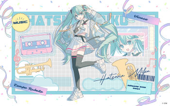 1girl :d aqua_eyes aqua_hair barcode belt black_belt black_thighhighs blue_jacket cassette_tape character_name company_name confetti copyright_notice cropped_shirt english_text fanny_pack full_body grid hair_between_eyes hatsune_miku instrument jacket leg_up long_hair long_sleeves moo_n_moko multicolored_jacket official_art open_clothes open_jacket open_mouth pleated_skirt shirt shoes shoulder_strap skirt sleeves_past_wrists smile streamers thighhighs third-party_source ticket trumpet tuba twintails very_long_hair vocaloid white_bag white_jacket white_shirt white_shoes white_skirt window_(computing) zoom_layer