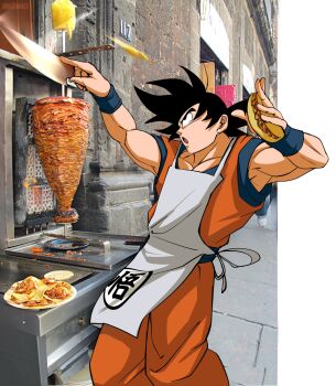 1boy apron arms_up black_eyes blue_sash blue_shirt broonoart dougi dragon_ball food hands_up highres holding holding_food holding_knife knife looking_to_the_side looking_up orange_pants pants photo_background plate rotisserie sash shirt short_sleeves solo son_goku spanish_commentary spiked_hair standing taco upper_body vertical_rotisserie white_apron