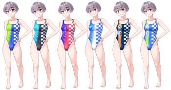 absurdres barefoot black_one-piece_swimsuit blue_eyes blue_one-piece_swimsuit breasts checkered_clothes color_variation commentary_request competition_swimsuit full_body gradient_swimsuit grey_hair grin hand_on_own_hip highleg highleg_one-piece_swimsuit highres medium_breasts multicolored_swimsuit one-piece_swimsuit original race_queen red_one-piece_swimsuit short_hair simple_background smile swimsuit takafumi variant_set white_background