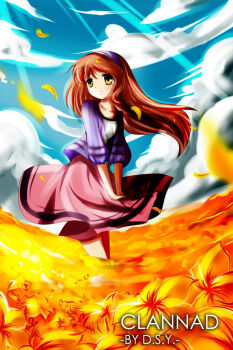 Rule 34 | 00s, 1girl, aged up, bandana, brown eyes, brown hair, clannad, cloud, dengshuyu, female focus, flower, girl from the illusionary world, long hair, okazaki ushio, solo, spoilers