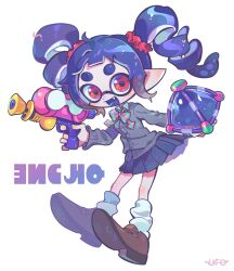 Rule 34 | 1girl, black hair, black skirt, brown footwear, commentary request, drill hair, fang, full body, gun, highres, holding, holding gun, holding weapon, inkling, inkling girl, inkling player character, korean commentary, leg warmers, looking at viewer, medium hair, nintendo, open mouth, pleated skirt, pointy ears, red eyes, shoes, short eyebrows, simple background, skirt, smile, solo, splat bomb (splatoon), splatoon (series), splatoon 3, splattershot (splatoon), tentacle hair, thick eyebrows, twin drills, twintails, ufo sw, weapon, white background