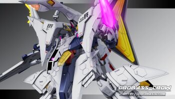 3d absurdres beam_rifle energy_sword commentary_request earth_federation energy_gun gradient_background gundam gundam_hathaway's_flash highres inviter_oro machinery mecha mecha_focus mobile_suit no_humans penelope_(hathaway's_flash) purple_eyes robot roundel science_fiction shield signature v-fin weapon