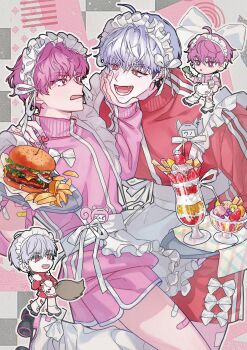 2boys ahoge apron bamby_(plave) bow burger chibi chibi_inset cowboy_shot eunho_(plave) food hair_between_eyes hand_on_another's_face hand_on_another's_shoulder high_collar highres holding holding_plate holding_tray jacket jersey_maid k-pop long_sleeves looking_at_another maid maid_apron maid_headdress male_focus multiple_boys open_mouth parfait pink_eyes pink_hair pink_jacket pink_shorts plate plave red_eyes red_jacket red_shorts rjduf666 shorts smile strawberry_parfait tray unconventional_maid white_bow white_hair