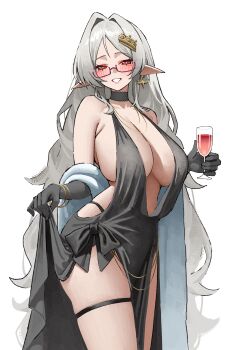 1girl absurdres bare_shoulders blush breasts choker cleavage collarbone commission cup dress drinking_glass earrings evening_gown glasses gloves grey_dress grey_gloves grey_hair grin hair_intakes hair_ornament highres holding holding_cup jewelry kono_(xerondan321) large_breasts long_hair looking_at_viewer original parted_bangs pixiv_commission pointy_ears red_eyes semi-rimless_eyewear smile solo thick_thighs thigh_strap thighs thong very_long_hair wavy_hair wine_glass