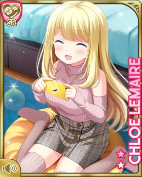 Rule 34 | 1girl, bedroom, blonde hair, blue eyes, breasts, brown gloves, brown shorts, brown thighhighs, card, character name, chloe lemaire, closed eyes, elbow gloves, girlfriend (kari), gloves, long hair, medium breasts, official art, open mouth, pink sweater, qp:flapper, shorts, sitting, smile, solo, sweater, tagme, thighhighs, wooden floor