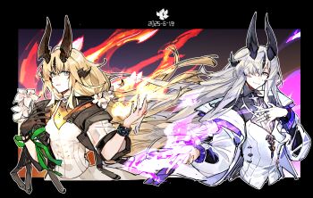 2girls absurdres arknights black_border black_gloves black_horns blonde_hair blue_eyes border brown_horns closed_mouth commentary dated english_commentary fingernails fire flower gloves green_eyes green_ribbon hair_between_eyes hair_flower hair_ornament hair_over_one_eye hand_on_own_chest highres horns infection_monitor_(arknights) jewelry long_hair looking_at_viewer magic multiple_girls multiple_rings necrass_(arknights) one_eye_covered outside_border parted_lips purple_fire pyrokinesis reed_(arknights) reed_the_flame_shadow_(arknights) ribbon ring siblings single_glove sisters smile strap white_flower white_hair yugoodoggie