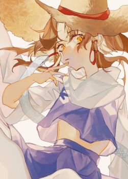 1girl brown_hair brown_hat closed_mouth commentary_request cowboy_shot expressionless hair_ribbon hat long_sleeves looking_at_viewer medium_hair midriff moriya_suwako pantyhose purple_skirt purple_vest red_ribbon ribbon shinjitsu_no_kuchi shirt simple_background skirt skirt_set slit_pupils snake solo sun_hat touhou vest white_background white_pantyhose white_shirt white_snake yellow_eyes