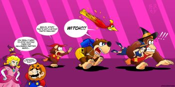 3girls 4boys angry annoyed banjo-kazooie banjo_(banjo-kazooie) blonde_hair blue_eyes brown_hair cape chest_jewel confused diddy_kong donkey_kong donkey_kong_(series) dress earrings gloves halloween hat highres jewelry kazooie_(banjo-kazooie) long_hair mario mario_(series) multiple_boys multiple_girls nintendo overalls pauline_(mario) pink_dress princess_peach running speech_bubble sweatdrop talking witch_hat