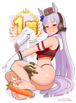 1girl animal_ears artist_name ass barefoot blush breasts brown_hat carrot commentary feet from_side full_body gloves gold_ship_(umamusume) grey_hair half-closed_eyes hat highleg highleg_panties highres holding horse_ears horse_girl horse_tail large_breasts long_hair looking_at_viewer motion_lines naughty_face no_pants panties patreon_username pillbox_hat red_panties red_shirt rezodwel shirt sleeveless sleeveless_shirt soles solo straight_hair sweat tail thigh_strap thighs umamusume underwear very_long_hair white_gloves