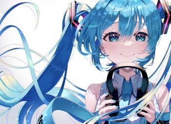 1girl absurdres blue_eyes blue_hair blue_nails blue_trim closed_mouth collared_shirt detached_sleeves hair_ornament hatsune_miku headset highres light_blush long_hair long_sleeves looking_at_viewer shirt simple_background sleeveless sleeveless_shirt smile solo tatyaoekaki twintails upper_body very_long_hair vocaloid white_background white_shirt