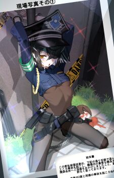 1girl absurdres belt black_bodystocking black_hair blue_shirt breasts brown_eyes commentary_request cuffs fate/grand_order fate_(series) handcuffs hat highres kitsunebi44410 long_hair looking_at_viewer navel outdoors peaked_cap restrained shirt shoes skin_tight small_breasts solo spread_legs squatting xu_fu_(fate)