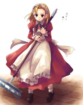 1girl apron blonde_hair broom dress female_focus full_body green_eyes kikimora_(monster_monster) kikimora_(puyopuyo) maid maid_apron maid_headdress puyopuyo shoes short_hair socks solo white_background yakka