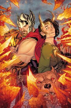 Rule 34 | 2boys, adoptive siblings, armor, artist collaboration, back-to-back, beard, black gloves, black hair, black nails, blonde facial hair, blue eyes, breastplate, brothers, can't choose your own family, cape, comic cover, commentary, cover, cover page, dog, english commentary, facial hair, fake horns, fingerless gloves, gloves, glowing, glowing weapon, green armor, green eyes, green shirt, hammer, helmet, holding, holding hammer, holding weapon, horned headwear, horns, initial, loki (marvel), looking at another, looking to the side, male focus, marvel, matt wilson, mjolnir (marvel), multiple boys, muscular, muscular male, official art, red cape, red eyes, russell dauterman, sharp teeth, shirt, short hair, siblings, teeth, textless cover page, thor (marvel), thor (marvel) (series), thori (marvel), unamused, weapon, western comics (style), winged helmet