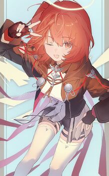 1girl ;d arknights black_shorts brown_gloves brown_jacket commentary exusiai_(arknights) exusiai_the_new_covenant_(arknights) feet_out_of_frame fingerless_gloves gloves hair_between_eyes halo jacket leaning leaning_forward long_sleeves looking_at_viewer mgmg_cc211 one_eye_closed open_clothes open_jacket open_mouth red_eyes red_hair shirt short_hair shorts smile solo standing thigh_strap thighhighs traditional_halo v v_over_head white_halo white_shirt white_thighhighs