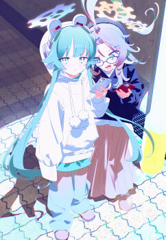 2girls absurdres alternate_costume animal_ear_headphones animal_ears black-framed_eyewear black_hoodie blue_archive blue_eyes blue_halo bm_tol cellphone commentary fake_animal_ears fang from_above full_body glasses green_eyes green_hair hair_ornament hairclip halo headphones headset highres holding holding_phone hood hood_up hoodie long_hair long_skirt long_sleeves looking_at_phone looking_at_viewer meru_(blue_archive) momiji_(blue_archive) multicolored_hair multiple_girls open_mouth pants parted_lips phone pleated_skirt rabbit_ears shoes skirt sleeves_past_fingers sleeves_past_wrists slippers smartphone spotlight sweatdrop undershirt very_long_hair white_hoodie yellow_halo