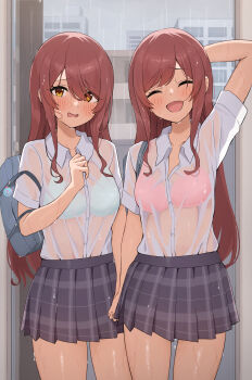 2girls absurdres arm_behind_head arm_up bag black_skirt blue_bag blush bra bra_visible_through_clothes breasts building closed_eyes collared_shirt commentary_request cowboy_shot embarrassed hair_between_eyes highres holding_hands idolmaster idolmaster_shiny_colors looking_at_viewer multiple_girls open_mouth osaki_amana osaki_tenka peanut_mouth pink_bra plaid_clothes plaid_skirt pleated_skirt rain red_hair revision school_bag school_uniform see-through_clothes see-through_shirt shirt short_sleeves siblings sisters skirt twins underwear wanitaroo._(waniwani_panic) wet wet_clothes wet_hair wet_shirt white_bra white_shirt yellow_eyes