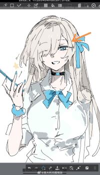 1girl ;d arm_at_side arrow_(symbol) art_program_in_frame artist_name asuna_(blue_archive) asuna_(school_uniform)_(blue_archive) black_choker blonde_hair blue_archive blue_bow blue_bowtie blue_eyes blue_nails blue_ribbon blue_scrunchie bow bowtie breasts button_gap choker commentary dress_shirt english_commentary eyes_visible_through_hair fingernails grin gyaru hair_over_one_eye hair_ribbon hand_up highres holding kogal large_breasts long_hair looking_at_viewer nail_polish one_eye_closed open_mouth paopp9961 ribbon school_uniform scrunchie shirt simple_background sketch sleeves_rolled_up smile solo star_(symbol) straight-on straight_hair summer_uniform swept_bangs three-quarter_sleeves upper_body watermark weibo_watermark white_background white_shirt wink_star wrist_scrunchie