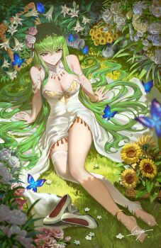 1girl absurdres barefoot bracelet breasts bug butterfly c.c. code_geass dress flower green_hair hair_between_eyes hair_flower hair_ornament hair_spread_out high_heels highres insect jewelry long_hair nature on_grass pumps qinyi_chinyi signature single_bare_leg single_thighhigh sleeveless sleeveless_dress solo strapless strapless_dress thighhighs white_dress white_thighhighs
