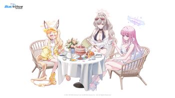 3girls absurdres animal_ears artist_request bikini black_one-piece_swimsuit blonde_hair blue_archive breasts brown_hair cake chair cleavage closed_mouth crossed_legs eyewear_on_head flower food fox_ears fox_girl fox_tail frilled_bikini frills grey_hair halo highres juice large_breasts leotard long_hair looking_at_viewer mika_(blue_archive) mika_(swimsuit)_(blue_archive) multiple_girls nagisa_(blue_archive) nagisa_(swimsuit)_(blue_archive) official_art one-piece_swimsuit pink_hair platform_sandals ponytail purple_halo red-tinted_eyewear red_halo sandals seia_(blue_archive) seia_(swimsuit)_(blue_archive) simple_background sitting sunglasses swimsuit table tail tinted_eyewear toes white_background white_bikini white_leotard white_one-piece_swimsuit yellow_eyes yellow_halo