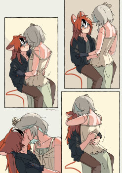 2girls animal_ear_fluff animal_ears aqua_streaks black_gloves black_jacket black_streaks blush brown_pants camisole cecilia_immergreen closed_mouth commentary doll_joints fongban_illust french_kiss gloves green_skirt grey_shirt hakos_baelz hands_on_another's_waist highres hololive hololive_english hug jacket jewelry joints kiss mouse_ears multiple_girls pants red_eyes red_hair ring shirt skirt tongue tongue_out virtual_youtuber white_hair white_streaks winding_key yellow_camisole yuri