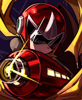 1boy absurdres arm_cannon assault_visor bodysuit dark_background grey_bodysuit helmet highres male_focus mega_man_(classic) mega_man_(series) proto_man red_helmet scarf shield solo spacedawgspace upper_body weapon yellow_scarf