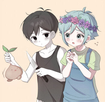 2boys antenna_hair basil_(faraway)_(omori) basil_(omori) black_eyes black_hair black_tank_top blue_overalls blush brown_background closed_mouth collarbone colored_skin double-parted_bangs expressionless film_grain flower flower_wreath flying_sweatdrops green_eyes green_hair green_shirt head_wreath highres holding holding_knife knife looking_at_another male_focus multiple_boys omori omori_(omori) open_mouth overalls shirt short_hair short_sleeves shorts sidelocks simple_background sprout_mole striped_clothes striped_shorts sweatdrop t-shirt tank_top tareme teeth upper_teeth_only vertical-striped_clothes vertical-striped_shorts white_shorts white_skin wktdms1