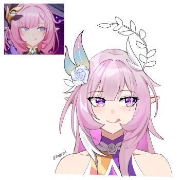 1girl absurdres bare_shoulders company_connection cyrene_(honkai:_star_rail) cyrene_(ripples_of_past_reverie)_(honkai:_star_rail) diamond-shaped_pupils diamond_(shape) elysia_(honkai_impact) elysia_(miss_pink_elf)_(honkai_impact) flower hair_flower hair_ornament hashtag-only_commentary highres honkai:_star_rail honkai_(series) honkai_impact_3rd inoue_marina long_hair looking_to_the_side multicolored_hair pink_hair pointy_ears purple_eyes rafxeed reference_inset simple_background solo symbol-shaped_pupils tongue tongue_out twitter_username two-tone_hair very_long_hair voice_actor_connection white_background white_hair yanning