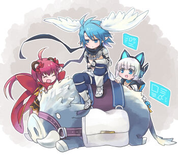 1boy 2girls :d ahoge animal_ear_headphones animal_ears armor armored_boots black_gloves black_skirt blue_eyes blue_hair blue_pants boar boots bow cat_ear_headphones cat_ears chain chain_necklace closed_eyes closed_mouth commentary_request doroidsan expressionless fake_animal_ears fake_wings feathered_wings fingerless_gloves full_body genetic_(ragnarok_online) gloves hair_bow head_wings headphones highres holographic_interface jewelry long_hair looking_at_another low_ponytail mechanic_(ragnarok_online) monkey_ears multiple_girls necklace official_alternate_costume open_mouth pants pauldrons pink_hair pointy_ears ponytail ragnarok_online red_bow red_scarf savage_(ragnarok_online) scarf short_hair shoulder_armor shrug_(clothing) sitting skirt smile vambraces white_wings wings