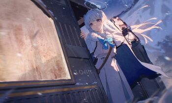 1girl alternate_costume blue_archive blue_bow blue_cape bow breath cape coat commentary_request fur-trimmed_coat fur_trim halo highres holding holding_lantern kyaroru lantern long_hair looking_ahead noa_(blue_archive) purple_eyes snow solo train white_coat white_halo