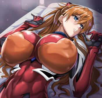 1girl bed blue_eyes bodysuit breasts brown_hair covered_erect_nipples evangelion:_3.0_you_can_(not)_redo hair_ornament headset huge_breasts interface_headset_(evangelion) long_hair lying mecha_pilot_suit multicolored_bodysuit neon_genesis_evangelion on_back plugsuit_(evangelion) puripuri_jet rebuild_of_evangelion souryuu_asuka_langley