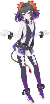 Rule 34 | 1girl, artist request, belt, black choker, black hair, black thighhighs, bracelet, braid, breasts, choker, closed mouth, collarbone, commentary, expressionless, flower, full body, game cg, hair flower, hair ornament, highres, jewelry, looking at viewer, medium hair, mole, mole under eye, nail polish, navel, official art, purple eyes, purple hair, purple thighhighs, red nails, revealing clothes, shoes, sideless outfit, small breasts, solo, symonne (tales), tales of (series), tales of asteria, tales of zestiria, thighhighs, third-party source, transparent background, twintails, white shoes