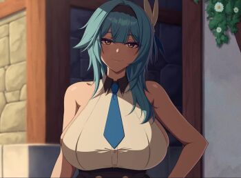 Rule 34 | 1boy, 1girl, animated, anus, ass, ass ripple, back, bare shoulders, black choker, black thighhighs, blonde hair, blue eyes, blue hair, blue necktie, blush, bouncing ass, bouncing breasts, breasts, choker, cleavage, continuous ejaculation, cum, cum in pussy, cum on body, cum on breasts, cum on upper body, english text, eula (genshin impact), genshin impact, glansjob, handjob, heart, hetero, huge ass, huge breasts, large penis, long hair, medium hair, midriff, navel, necktie, nipples, on bed, opaluva, paizuri, penis, pussy, sex, shirt, sleeveless, sleeveless shirt, smile, sound, spontaneous orgasm, spread legs, tagme, testicles, thick thighs, thighhighs, thighs, vaginal, video, voice actor, white shirt, yellow eyes, zaphn