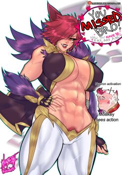 1boy 1girl 2025 abs absurdres animal_ears arm_at_side aroused artist_name black_gloves black_jacket blush breasts center_opening clenched_hand closed_mouth colored_pubic_hair commentary cowboy_shot earrings english_commentary english_text facial_hair feather-trimmed_cape feather-trimmed_sleeves female_pubic_hair fingerless_gloves fox_ears fur-trimmed_jacket fur_trim genderswap genderswap_(mtf) gloves goatee gold_choker gold_trim hair_over_one_eye half-closed_eyes hand_on_own_hip highres hoop_earrings jacket japanese_text jewelry large_breasts league_of_legends long_ears medium_breasts meme menacing_(jojo) midriff multicolored_hair muscular muscular_arms muscular_female muscular_legs navel neuron_activation_(meme) nose_blush nude pants pubic_hair pubic_hair_peek rakan_(league_of_legends) red_hair red_lips riot_games scar scar_on_face scar_on_nose sett_(league_of_legends) shinda292 signature simple_background speech_bubble spiked_hair standing sweat teeth thick_thighs thighs toned toned_female two-tone_hair upper_teeth_only variant_set variations white_background white_hair white_pants wide_hips yellow_eyes