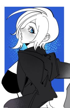 1girl angel_(kof) blue_eyes breasts curvy female_focus from_behind huge_breasts jacket large_breasts leather looking_at_viewer open_clothes short_hair tayuki1015 the_king_of_fighters thick_lips white_hair