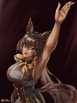 Rule 34 | 1girl, absurdres, animal ears, arm up, armpits, blue dress, breasts, brown eyes, brown hair, closed mouth, commentary, cosplay, dress, epaulettes, hair between eyes, highres, horse ears, horse girl, horse tail, long hair, looking to the side, moltke (moltke von), sakura bakushin o (blossom in learning) (umamusume), sakura bakushin o (umamusume), sakura bakushin o (umamusume) (cosplay), sirius symboli (feroce) (umamusume), sirius symboli (umamusume), sleeveless, sleeveless dress, smile, solo, tail, umamusume